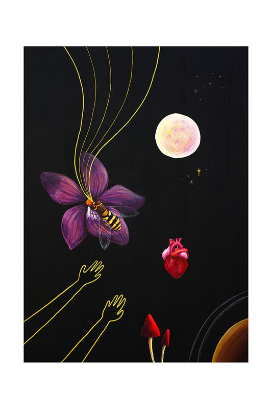 Artistic illustration of a purple flower with a bee, a hand reaching out, a heart, a full moon, and mushrooms against a dark background.