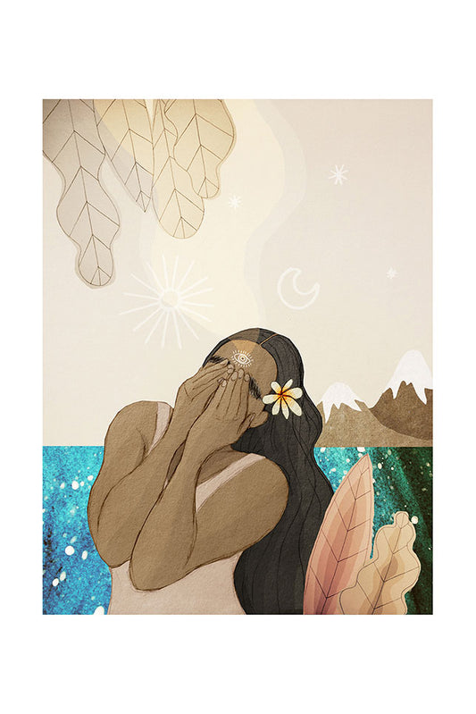 Illustration of a woman with a flower in her hair, surrounded by nature elements on a beige background.