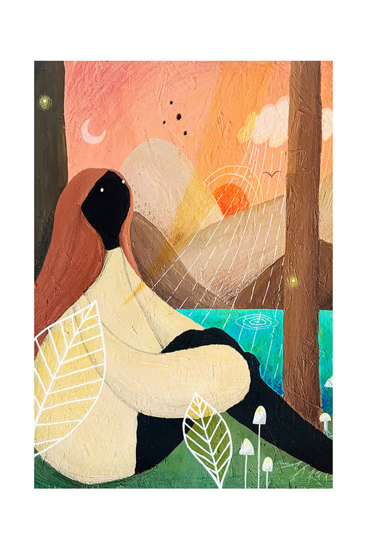 Illustration of a woman sitting in a forest under a colorful sky with mountains in the background and mushrooms and plants in the foreground
