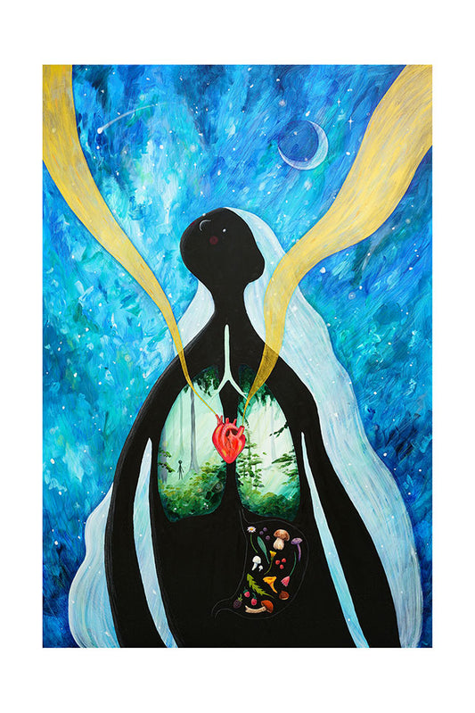 Artistic depiction of a woman with long hair and forest lungs and a stomach full of foraged mushrooms and plants against a blue cosmic background