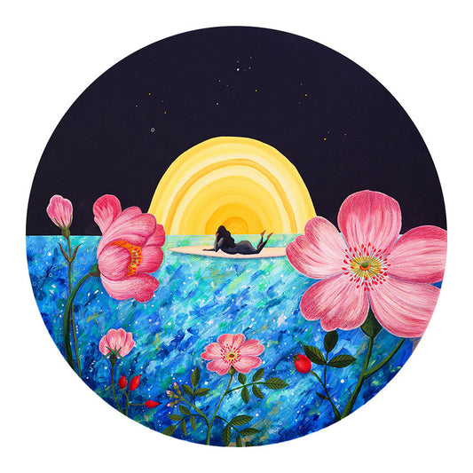 Circular artwork of a person lying on a surfboard with large pink dog rose flowers, yellow sun, blue water and black starry sky.