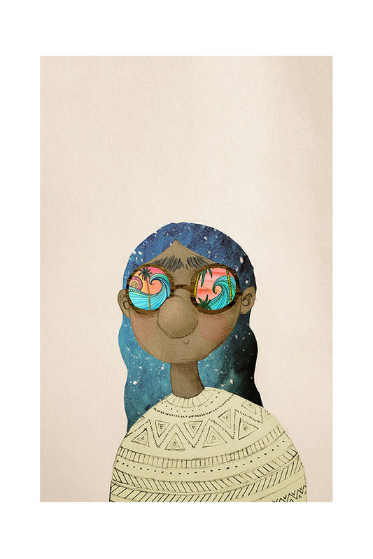 Illustration of a girl with blue hair with glasses reflecting ocean waves on a beige background