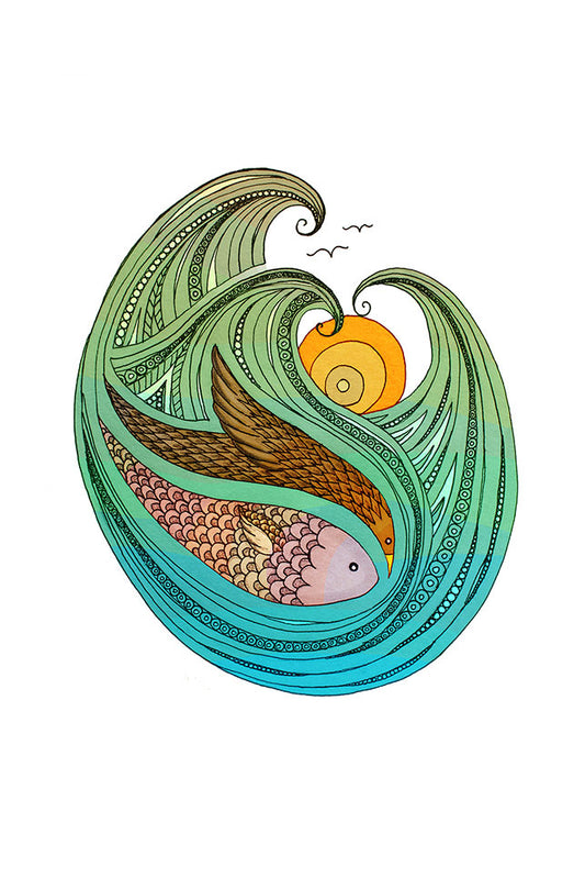 Illustration of a fish swimming and bird flying through stylized waves with a sun in the background