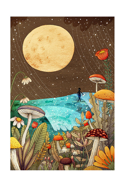 Illustration of a surfer surfing an ocean wave in a mystical forest with mushrooms and flowers under a large moon.