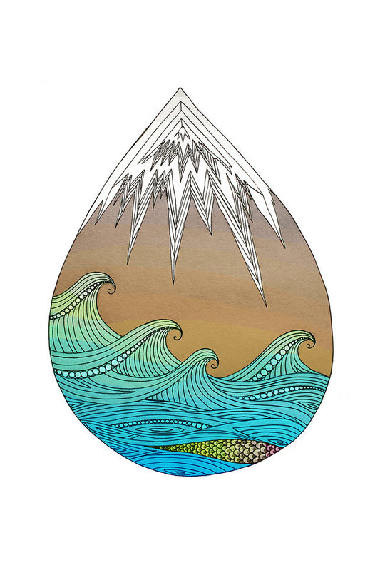 Teardrop-shaped design with a mountain and ocean waves