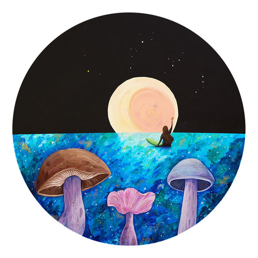 Artistic depiction of a surfer girl sitting on a surfboard waving at a large full moon rising and three wood blewit mushrooms in the foreground.