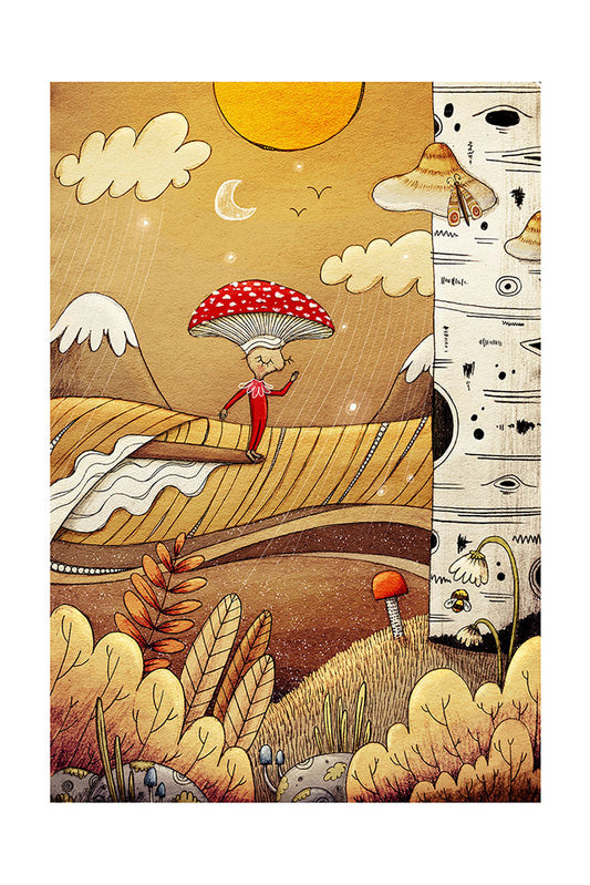 Illustration of a character surfing a wave with a red fly agaric mushroom hat in a whimsical landscape.