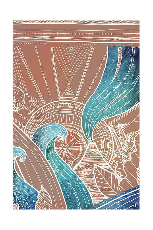 Geometric pattern design with blue waves, volcano, tropical plants and sun on a pink background