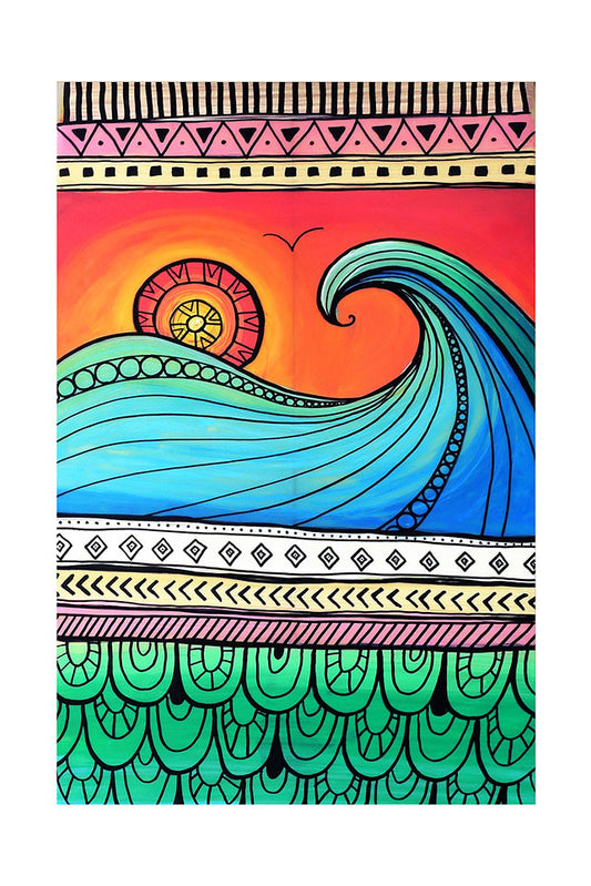 Colorful pattern design with waves and sun and fish scales