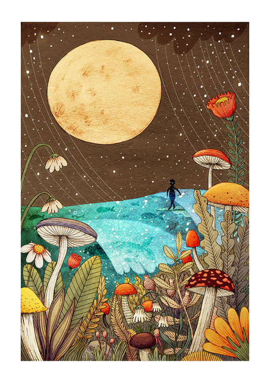surf-art-print-surfer-girl-full-moon-mushrooms-cornwall-maia-walczak