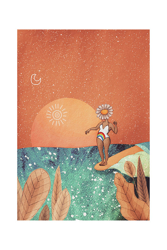 Illustration of a surfer girl on a surfboard riding a wave with a sunset and moon in the background.