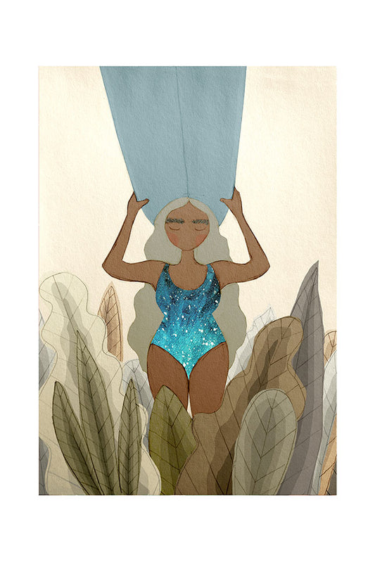 Illustration of a surfer girl in a blue swimsuit holding a surfboard on her head and standing among plants.