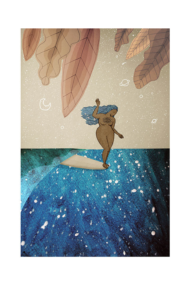 Illustration of a surfer girl surfing a wave with large leaves and a moon and planets in the background.