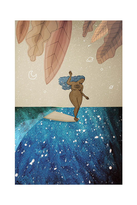 Illustration of a surfer girl surfing a wave with large leaves and a moon and planets in the background.