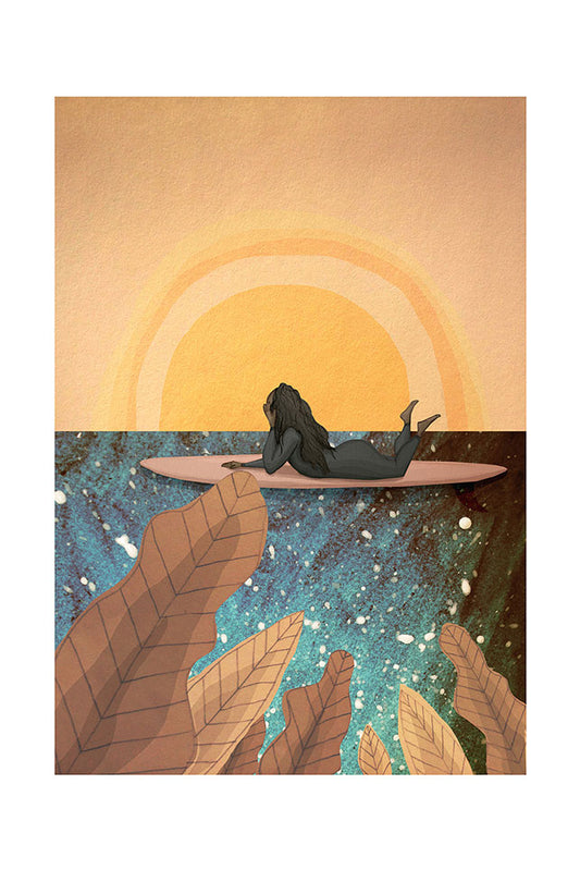 Illustration of a surfer girl lying on a surfboard in the ocean with a sunset in the background