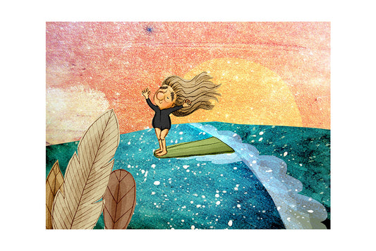 Illustration of a surfer girl surfing on a wave at sunset with a colorful sky and ocean.