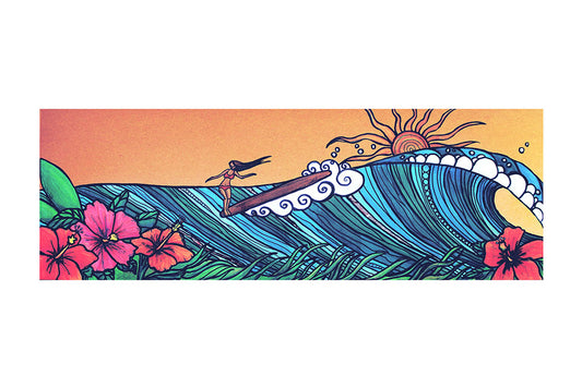 Colorful illustration of a surfer on a wave with flowers and a sun in the background