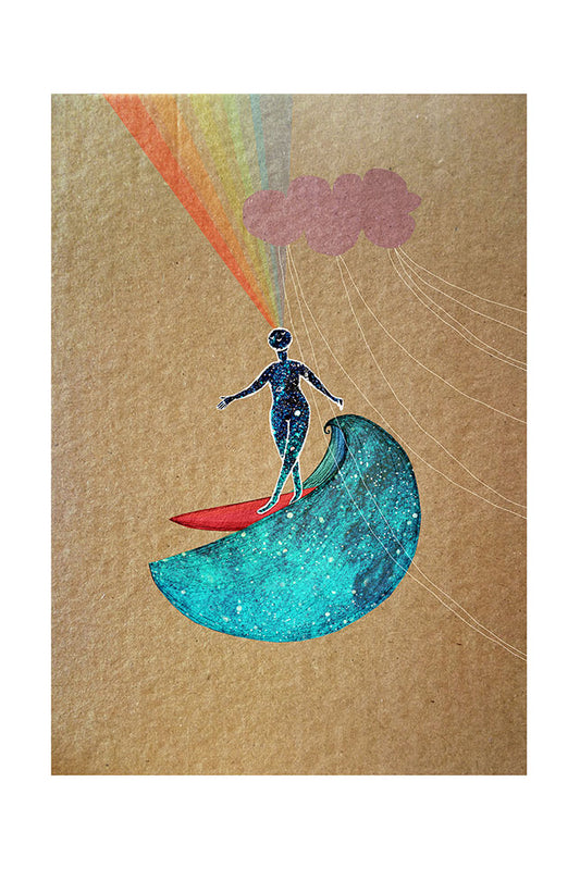 Artistic illustration of a person surfing on a wave with a rainbow coming out of their head and cloud in the background, on a textured brown paper background.
