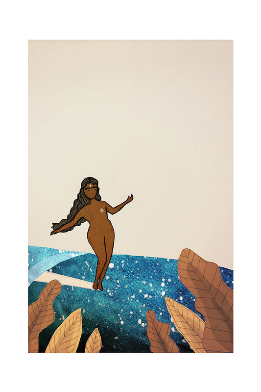 Illustration of a surfer girl riding a wave with hands reaching upwards, set against a beige background.