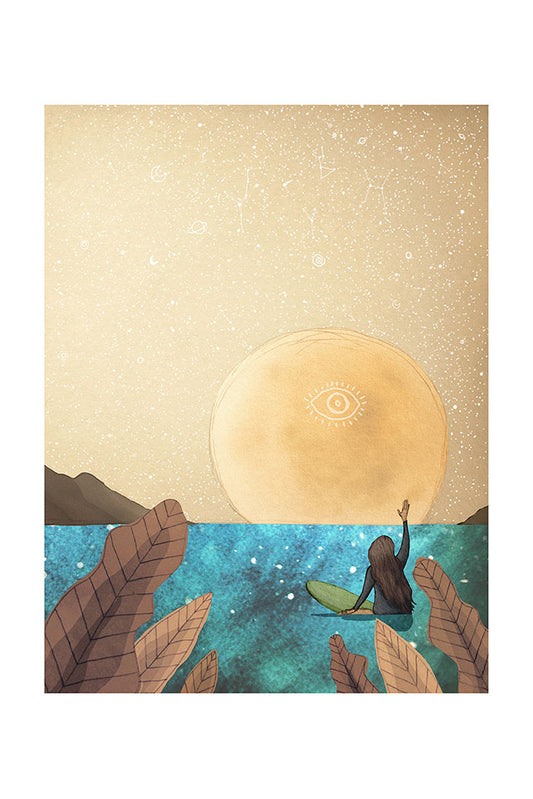 Illustration of a surfer girl on a surfboard waving at a large moon rising with mountains in the background.