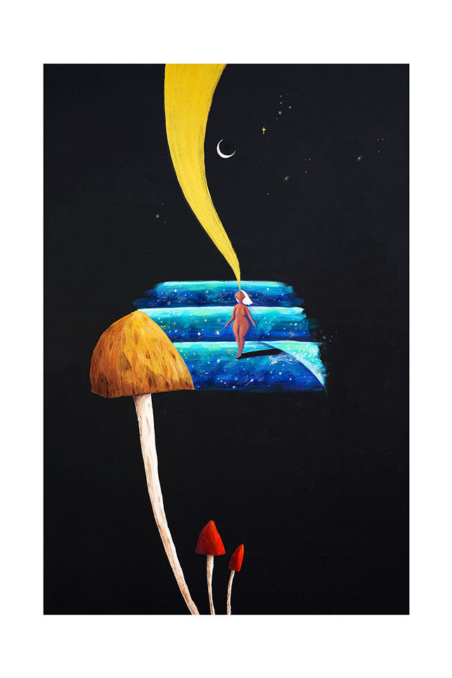 Painting of a woman surfing a wave under a starry night sky with a crescent moon and mushrooms in the foreground against a black background