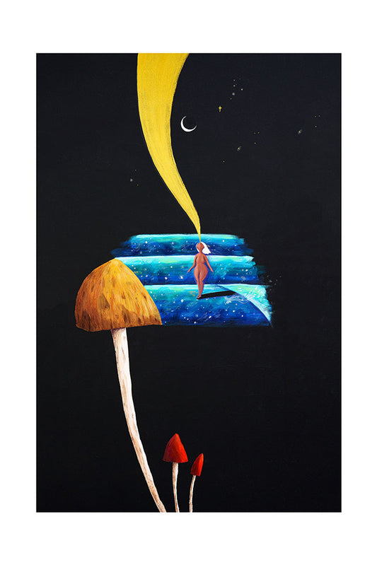 Painting of a woman surfing a wave under a starry night sky with a crescent moon and mushrooms in the foreground against a black background
