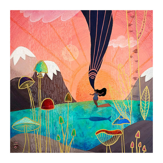 Colorful illustration of a surfer girl surfing a wave in a mystical landscape with mushrooms and mountains, a sunset and full moon.