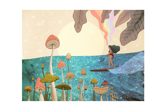 Illustration of a surfer girl on a surfboard surrounded by colorful mushrooms in a fantasy landscape.