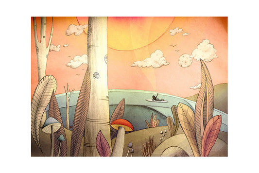 Illustration of a surfer girl lying on a surfboard in the ocean and waving at the sun and sky, with trees, mushrooms and plants in the foreground