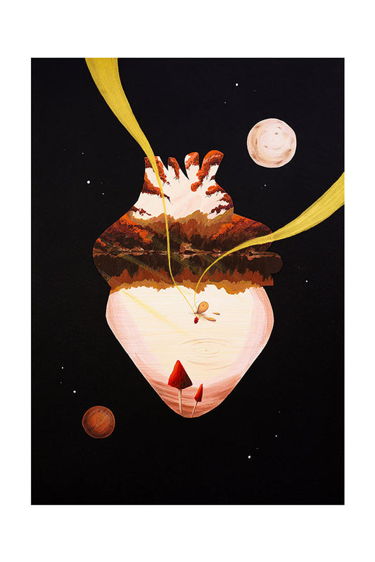 Surreal abstract art piece with a heart shape within which a character swims in a lake surrounded by a forest and mushrooms, and space elements on a black background