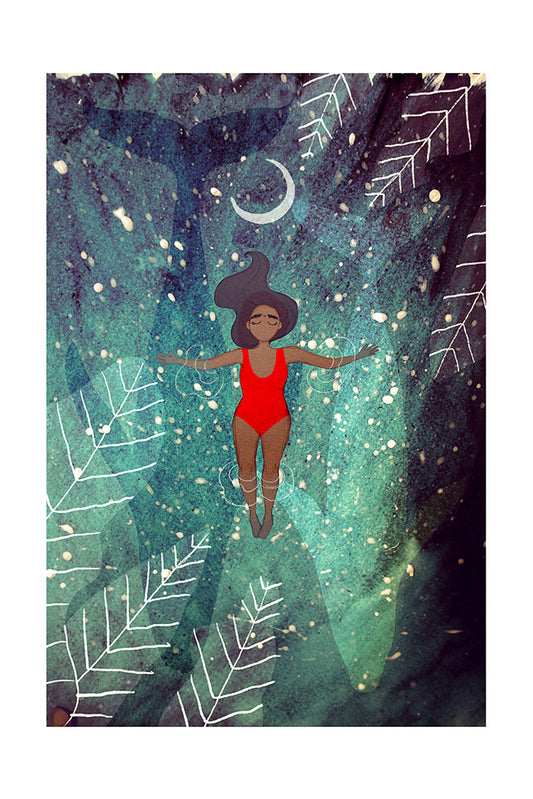 Illustration of a woman in a red swimsuit floating on the sea with a crescent moon and blue whales.