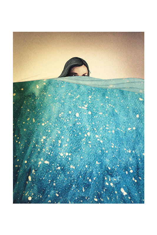 Wild swimmer peeking from above the ocean against a beige background