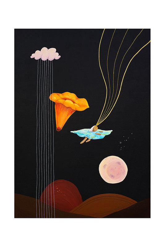 Illustration of a person floating in water with a chanterelle mushroom, against a dark sky with a rain cloud and full moon and planets and hills.