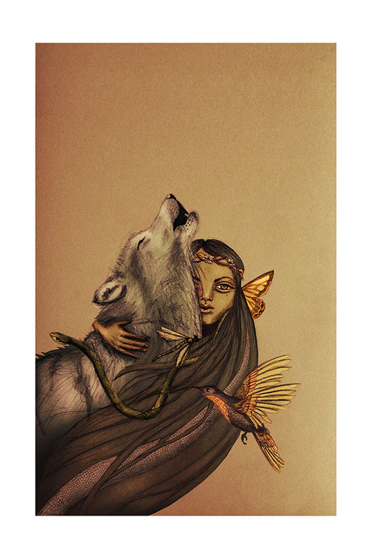 Illustration of a woman with long hair hugging a wolf, with a hummingbird, snake, dragonfly and butterfly, and with a brown background