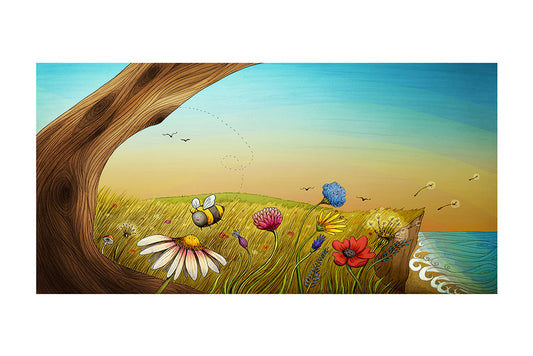 smiley cartoon bee and flowers by a tree with a beach in the background