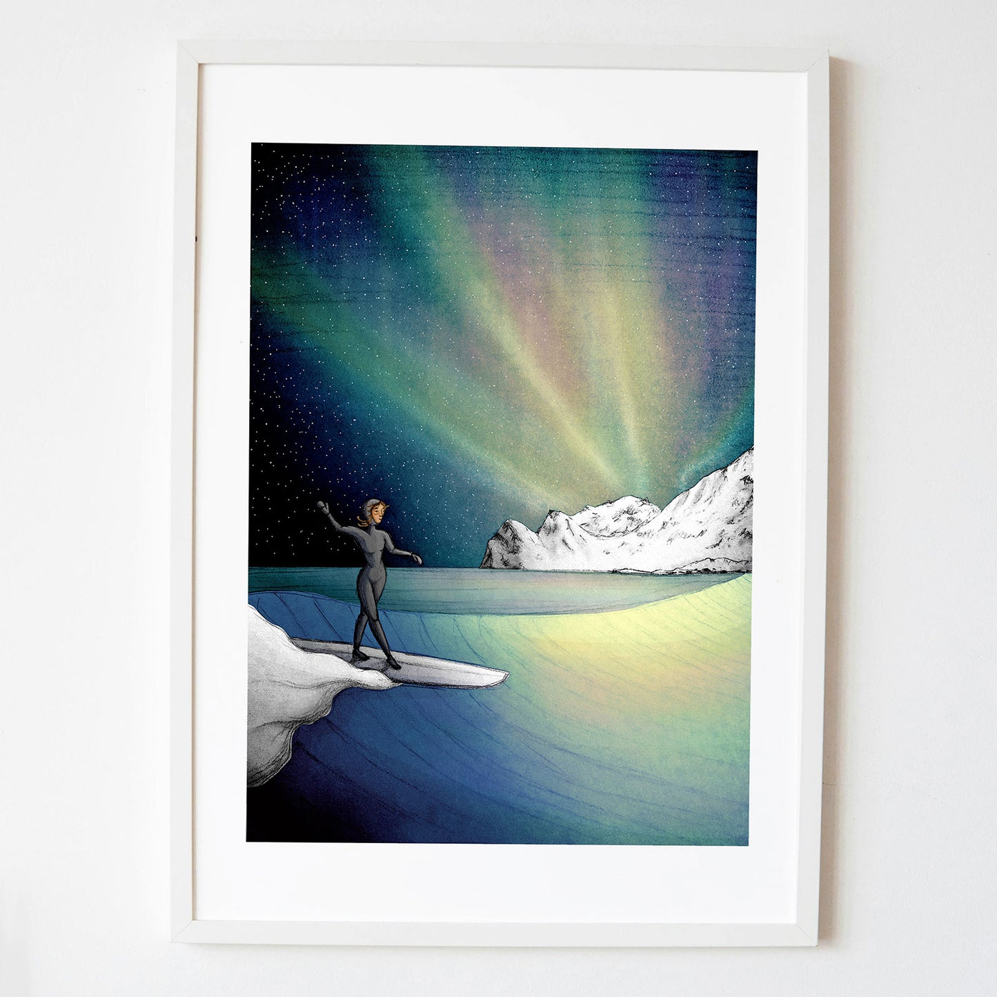 surf-art-print-northern-lights-cold-water-surf-girl-maia-walczak-cornwall