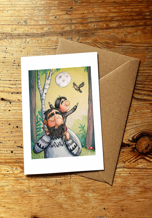 Greeting card with illustration of a father and son in the forest and bird on a wooden surface