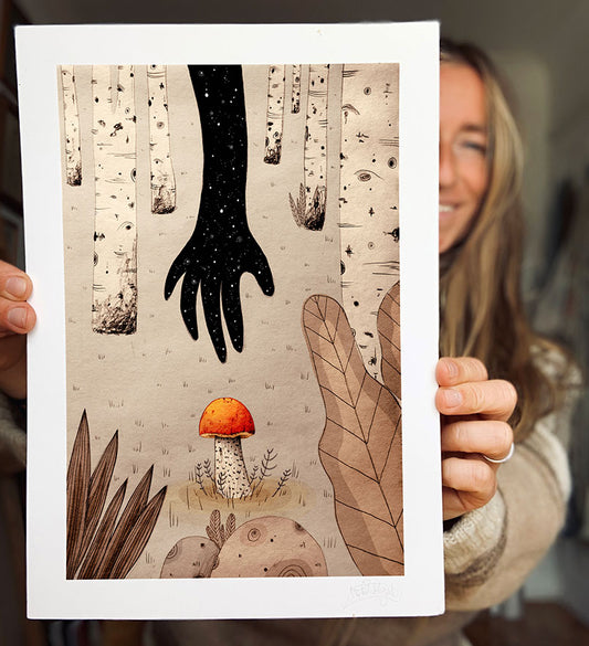artist-holding-mushroom-art-print-by-maia-walczak