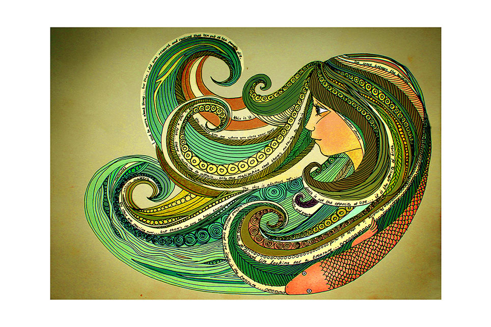 Artistic depiction of a woman's face with flowing, colorful hair like ocean waves and a fish