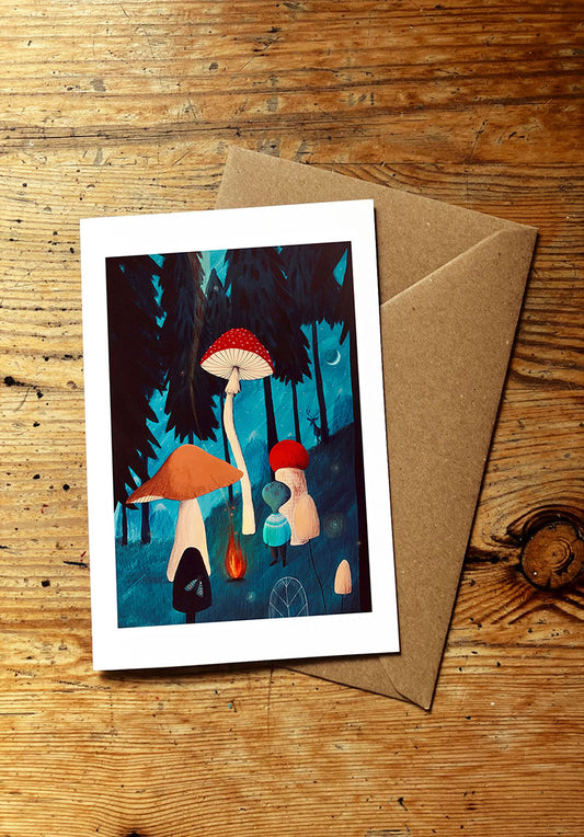 Greeting card with mushroom illustration and a boy in the woods on a wooden surface
