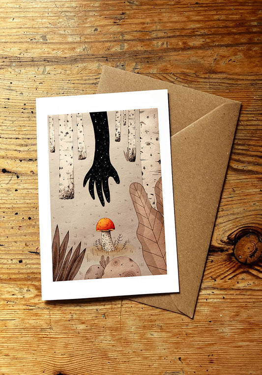 Greeting card with nature-themed mushroom and birch forest illustration on a wooden surface