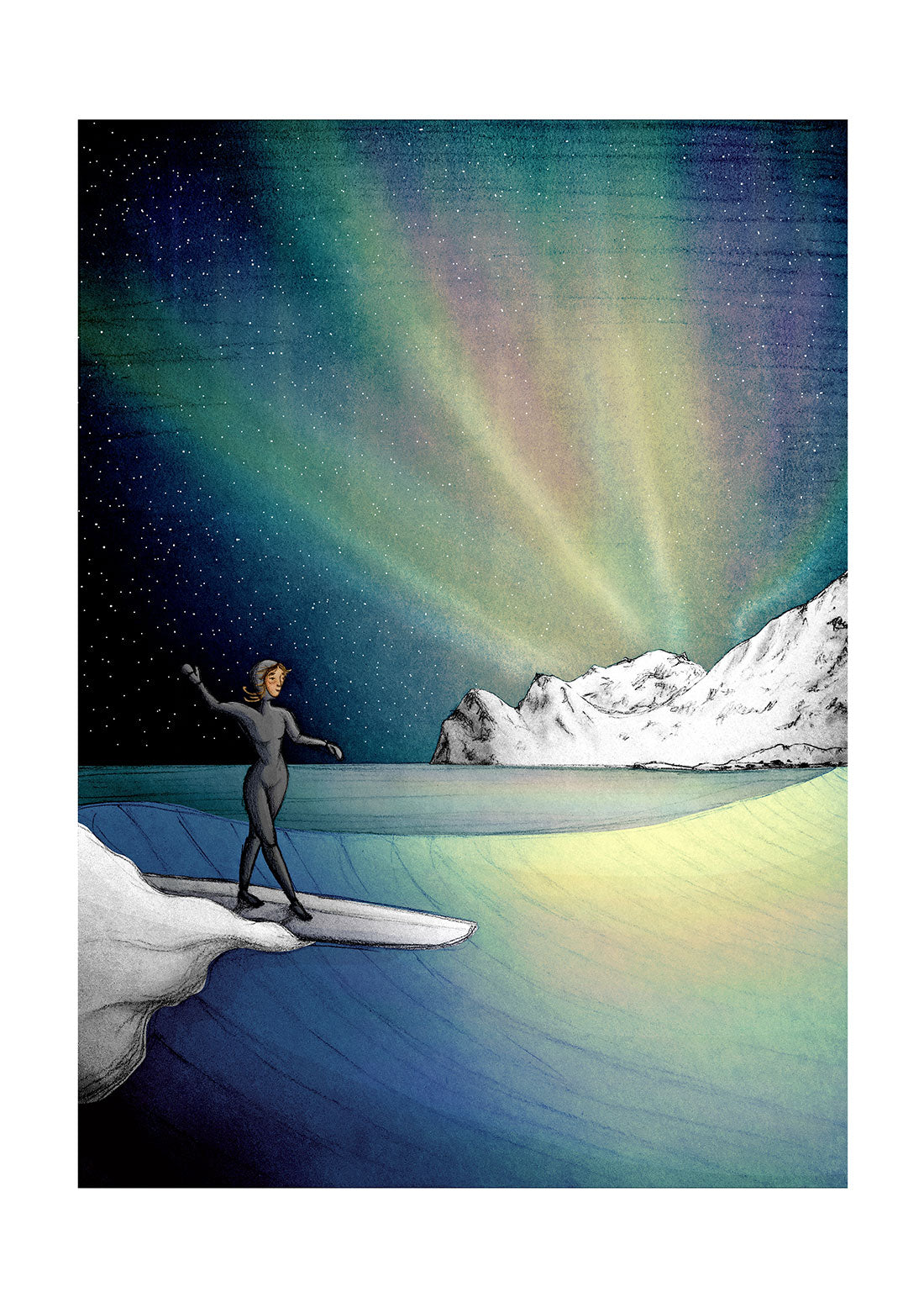 surf-art-print-northern-lights-cold-water-surf-girl-maia-walczak-cornwall
