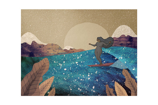 Illustration of a surfer girl surfing a wave with a full moon rising and mountains in the background and leaves in the foreground under a starry sky. 