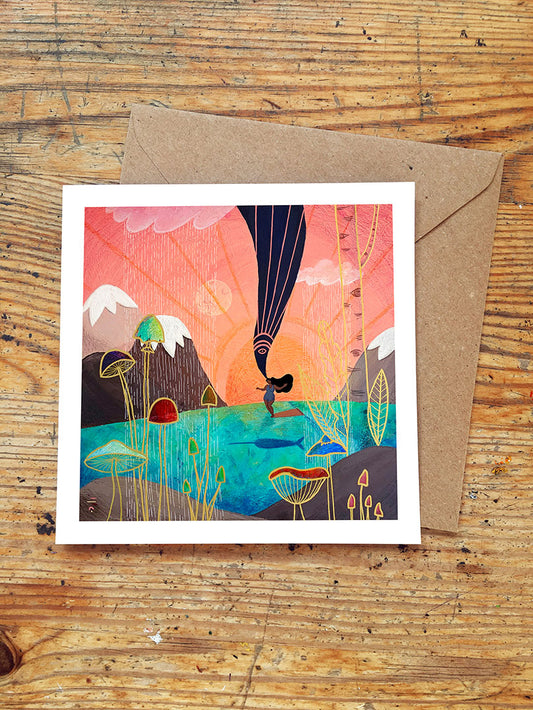 Greeting card with a colorful illustration of a surf girl surfing a wave and mushrooms on a wooden surface.
