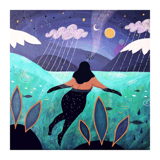 Illustration of a woman swimming in the sea with mountains, moon and sky in the background