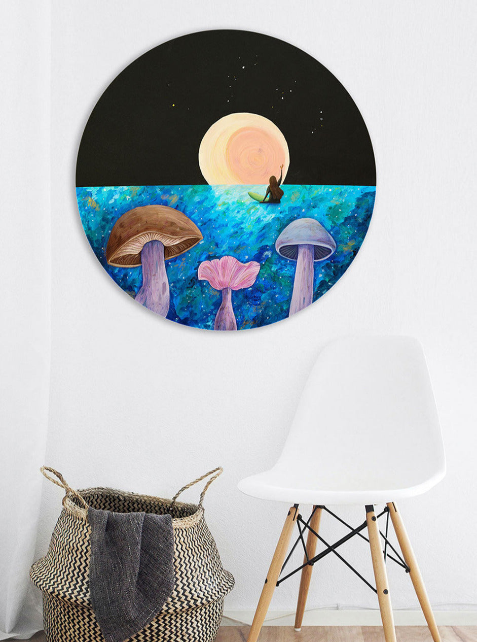 surf-art-mushroom-art-moon-art-surf-girl-fungi-art-forage-art-botanical-art-wood-blewit-original-painting-on-wood-cornwall-maia-walczak